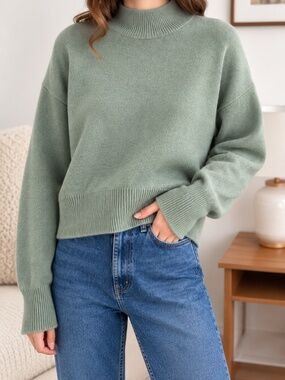 & Other Stories Sage Green Oversized Mock Neck Wool Blend Sweater S